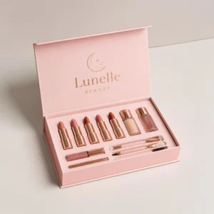 Custom makeup kit boxes with logo, die-cut inserts, lipstick, gloss, foundation, and beauty tools