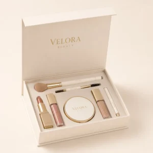 Custom makeup packaging box with logo printing, inserts, brushes, lipstick, compact, and beauty products