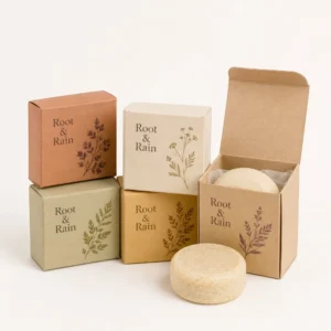 Custom printed shampoo bar boxes with botanical artwork and solid shampoo bars