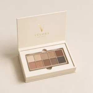 Eyeshadow packaging boxes with gold foil logo, fitted insert, and luxury palette presentation