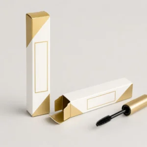 Gold foil mascara boxes with open carton and mascara wand