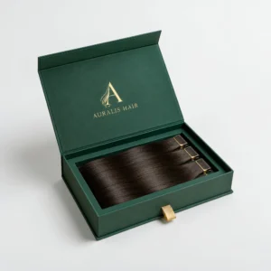 Hair extension packaging boxes with rigid structure, logo printing, and fitted tray for dark hair bundles