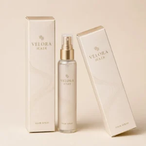 Hair spray boxes with logo beside premium hair spray bottle on solid background