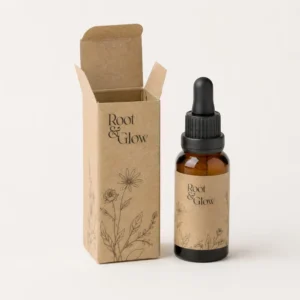 Kraft face oil boxes with botanical artwork and amber dropper bottle packaging
