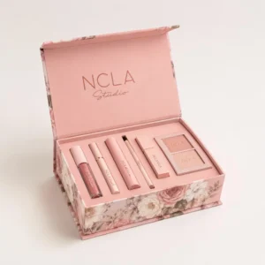 Makeup boxes with inserts, floral rigid packaging, logo printing, and organized cosmetic products