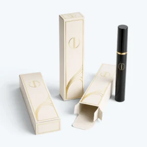 Mascara gold packaging with ivory custom box and gold foil mascara tube