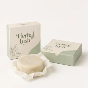 Shampoo bar boxes with logo and round shampoo bar on solid background